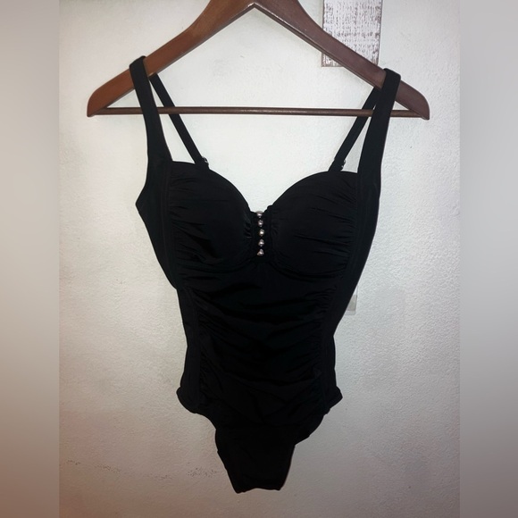 NWT Swim Solutions Shirred Tummy-Control One-Piece Swimsuit Black w Gold Bead - Picture 4 of 8